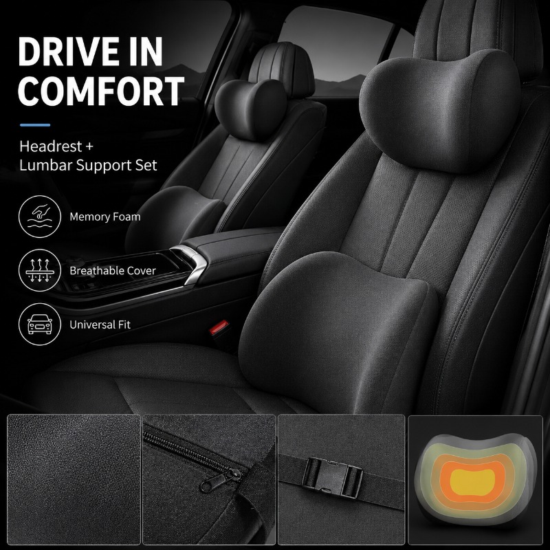 Memory Foam Car Neck Pillow Lumbar Support - Car Headrest Neck Pillow and Lumbar